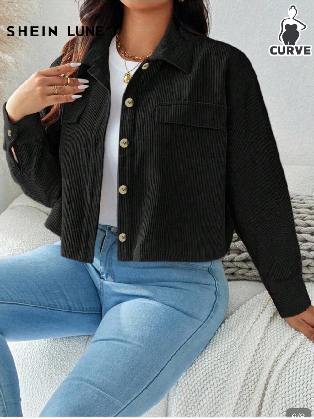 SHEIN LUNE Black Corduroy Button-Up Jacket